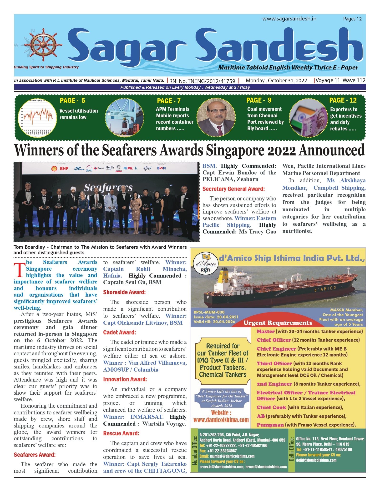 Winners of the Seafarers Awards Singapore 2022 Announced