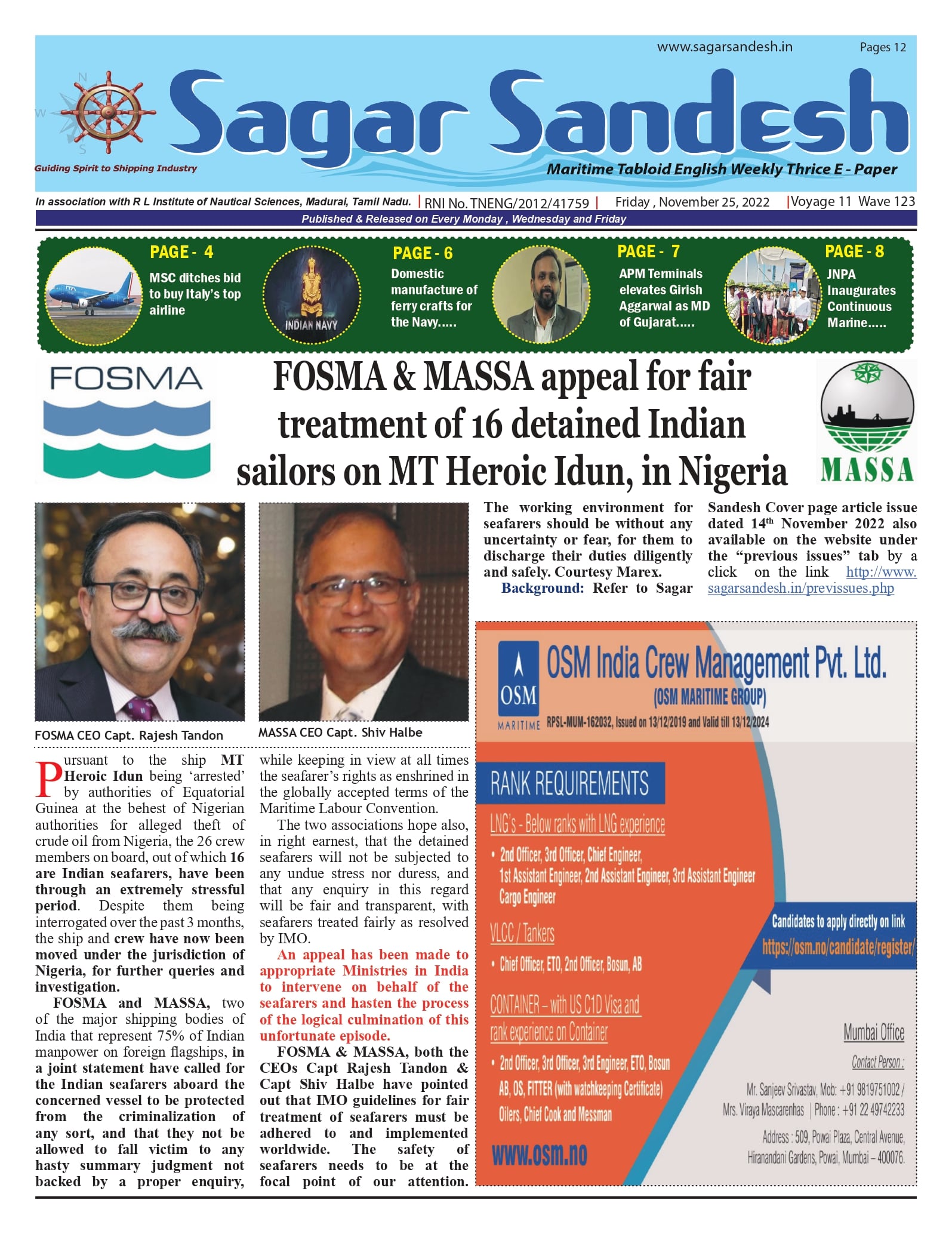 FOSMA & MASSA appeal for fair treatment of 16 detained Indian sailors on MT Heroic Idun, in Nigeria