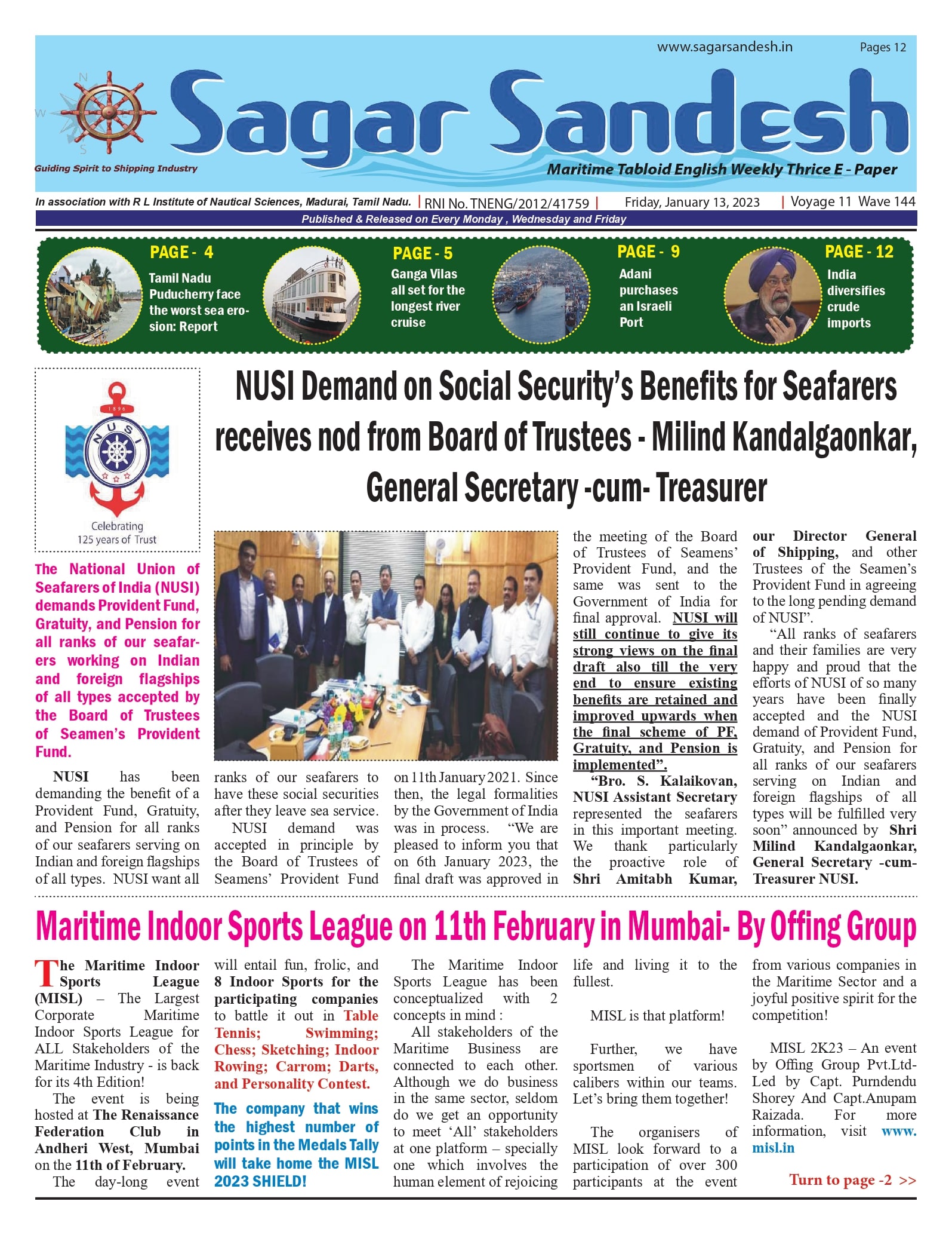 NUSI Demand on Social Securityâ€™s Benefits for Seafarers receives nod from Board of Trustees - Milind Kandalgaonkar, General Secretary -cum- Treasurer