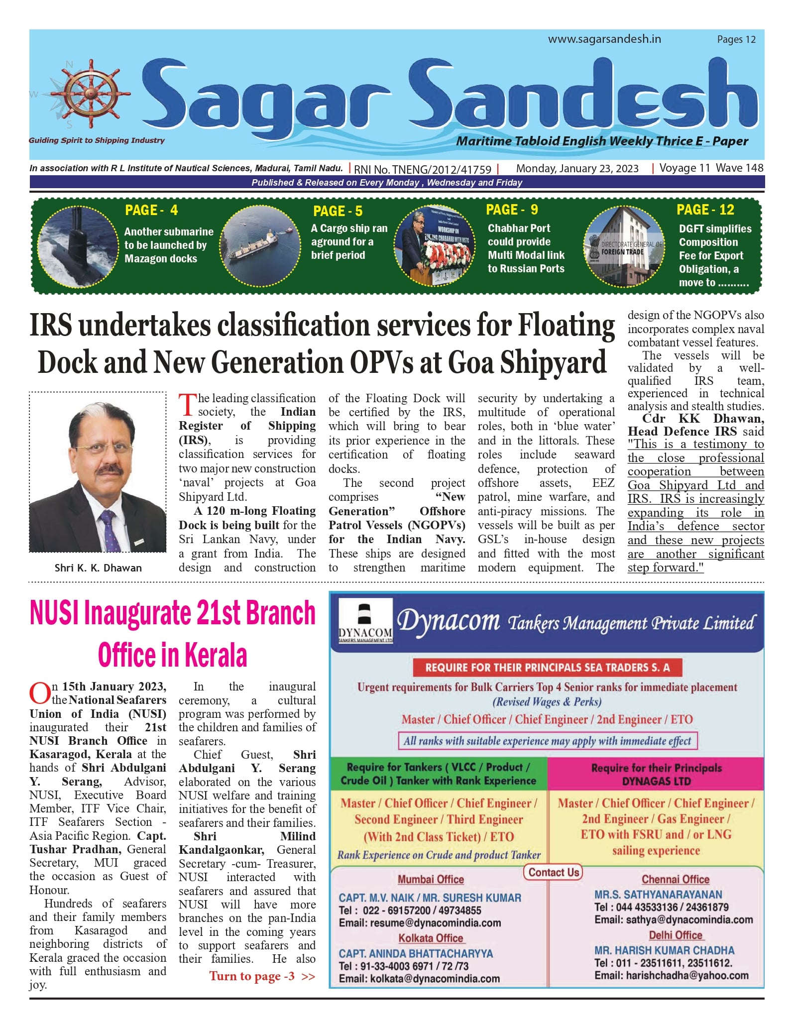IRS undertakes classification services for Floating Dock and New Generation OPVs at Goa Shipyard