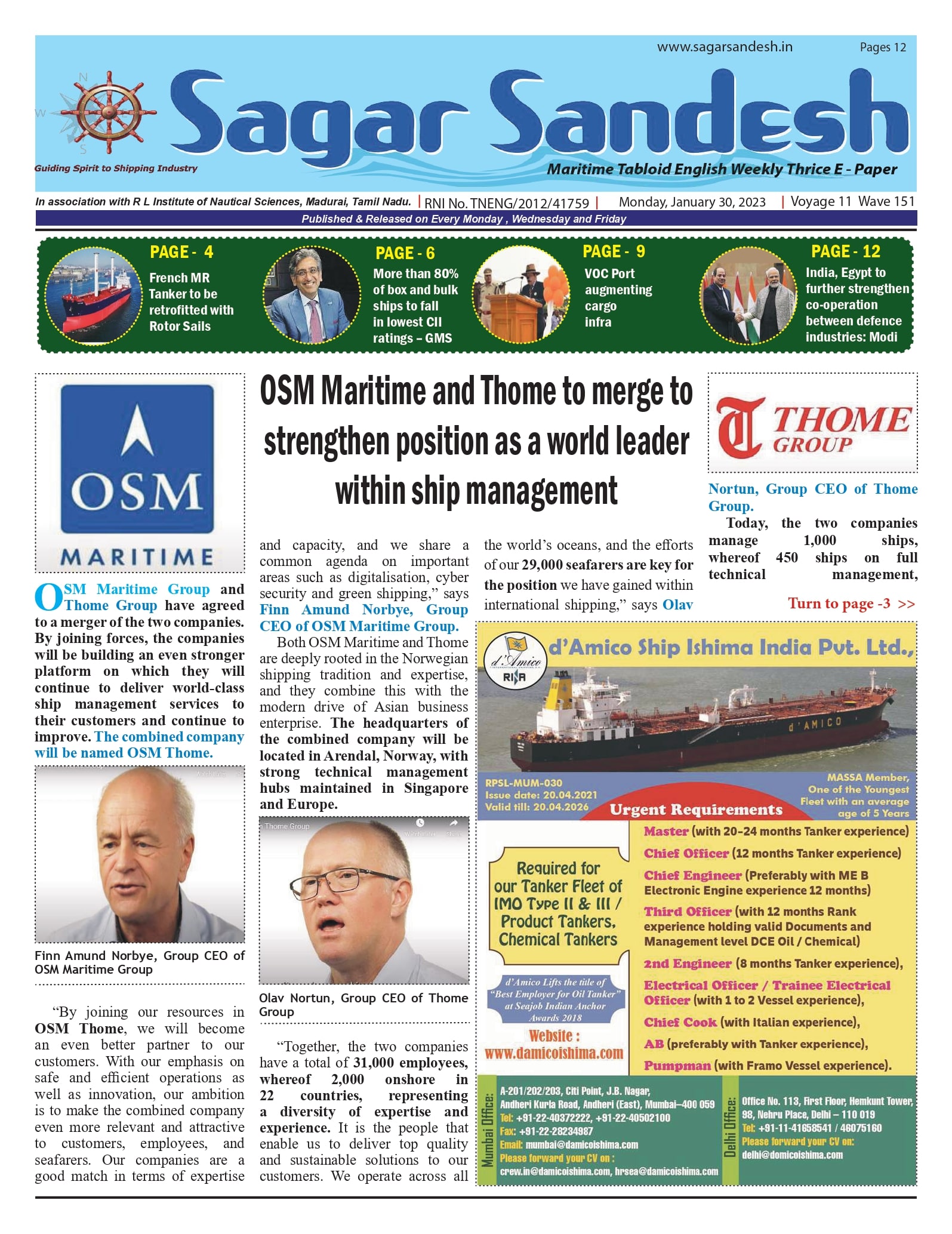 OSM Maritime and Thome to merge to strengthen position as a world leader within ship management