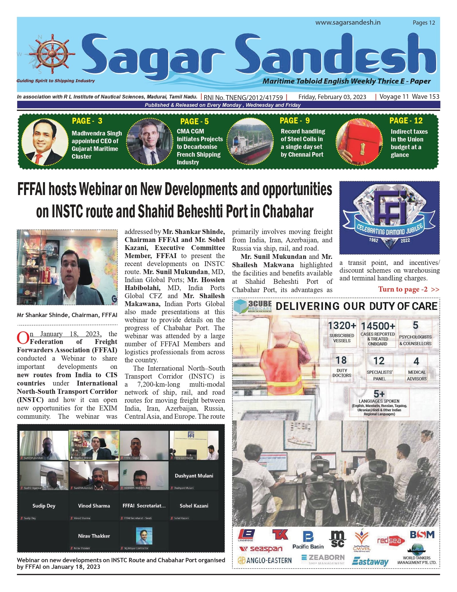 FFFAI hosts Webinar on New Developments and opportunities on INSTC route and Shahid Beheshti Port in Chabahar