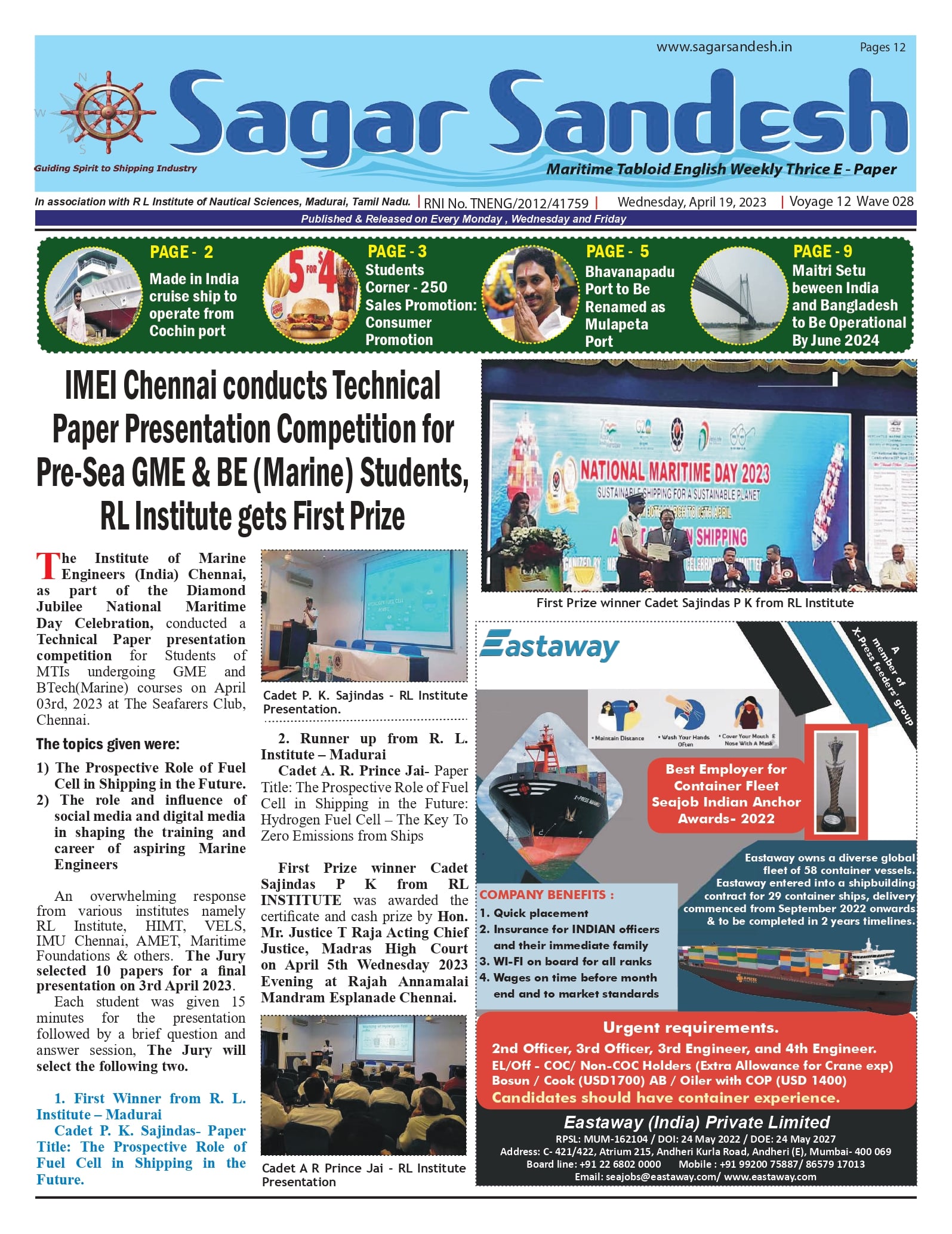 IMEI Chennai conducts Technical Paper Presentation Competition for Pre-Sea GME & BE (Marine) Students, RL Institute gets First Prize
