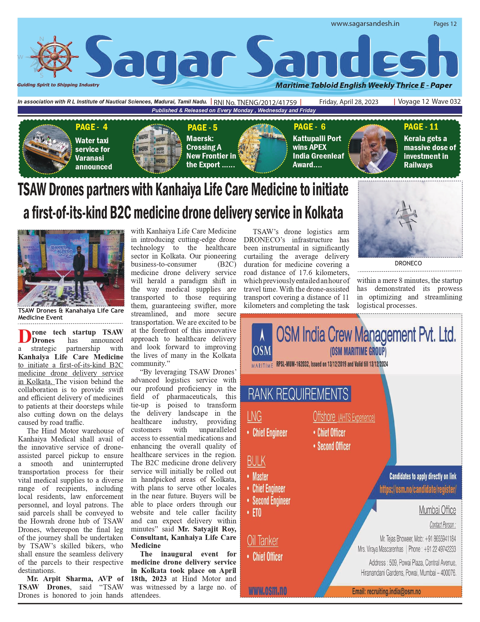 TSAW Drones partners with Kanhaiya Life Care Medicine to initiate a first-of-its-kind B2C medicine drone delivery service in Kolkata