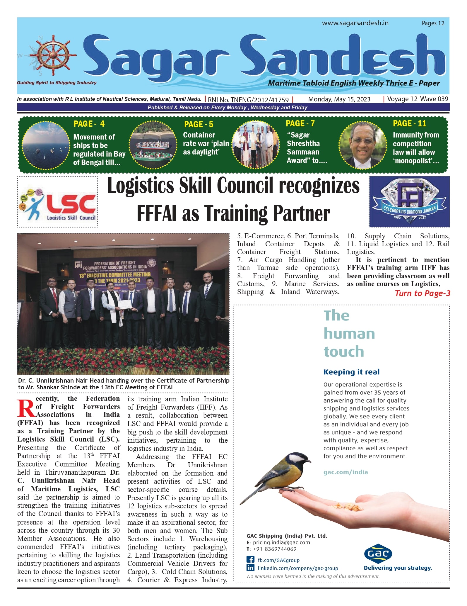 Logistics Skill Council recognizes FFFAI as Training Partner