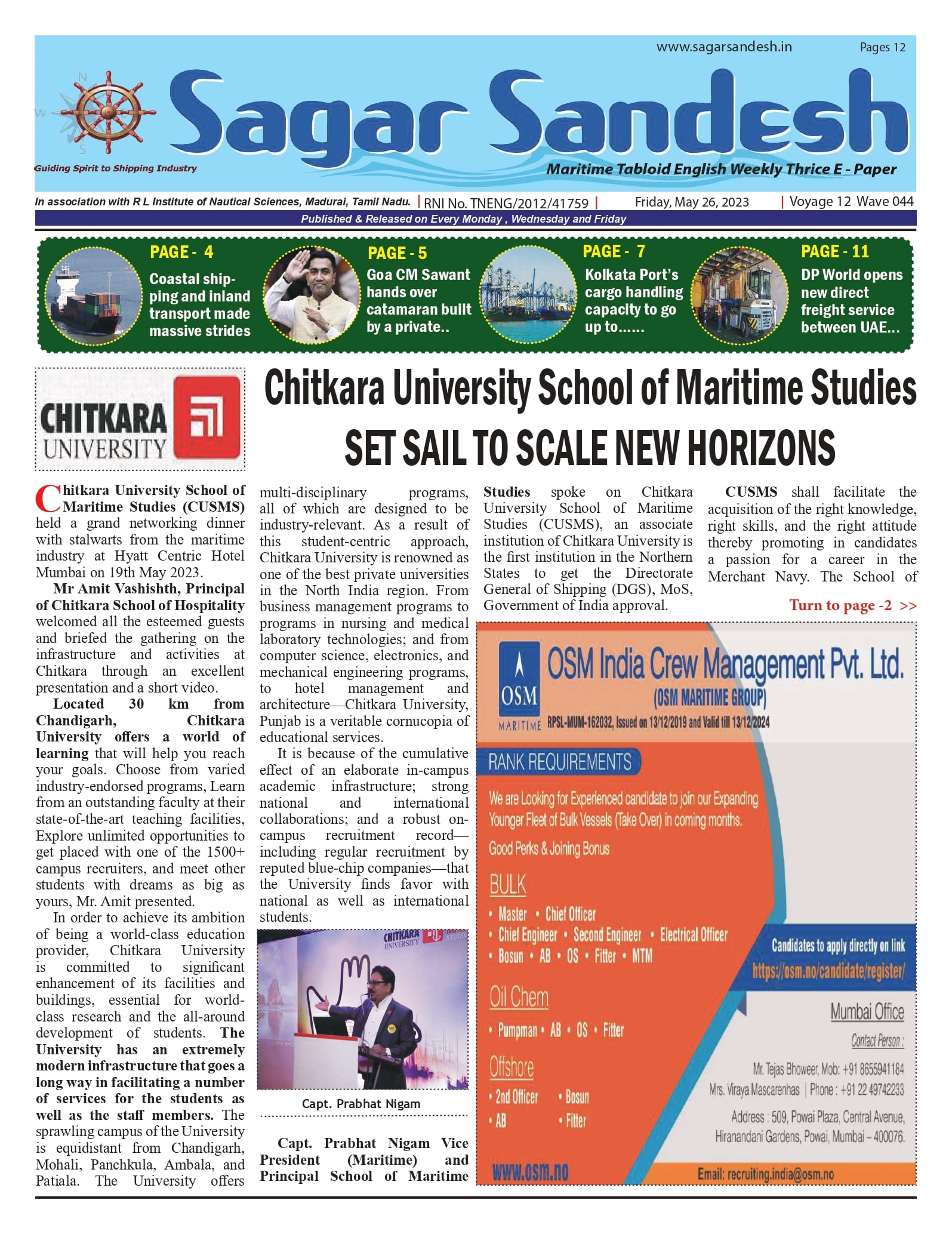 Chitkara University School of Maritime Studies SET SAIL TO SCALE NEW HORIZONS