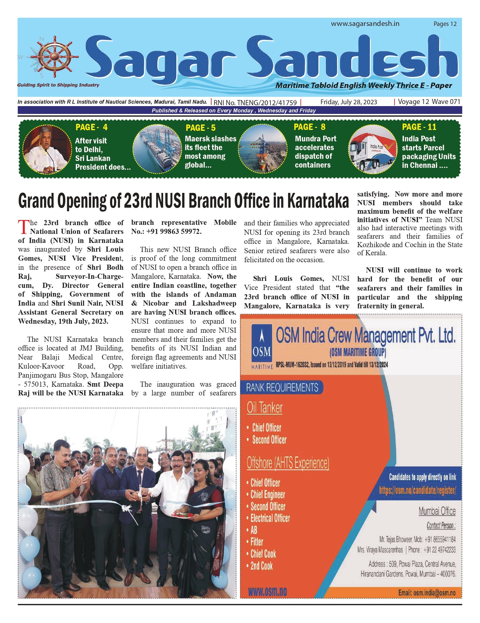 Grand Opening of 23rd NUSI Branch Office in Karnataka