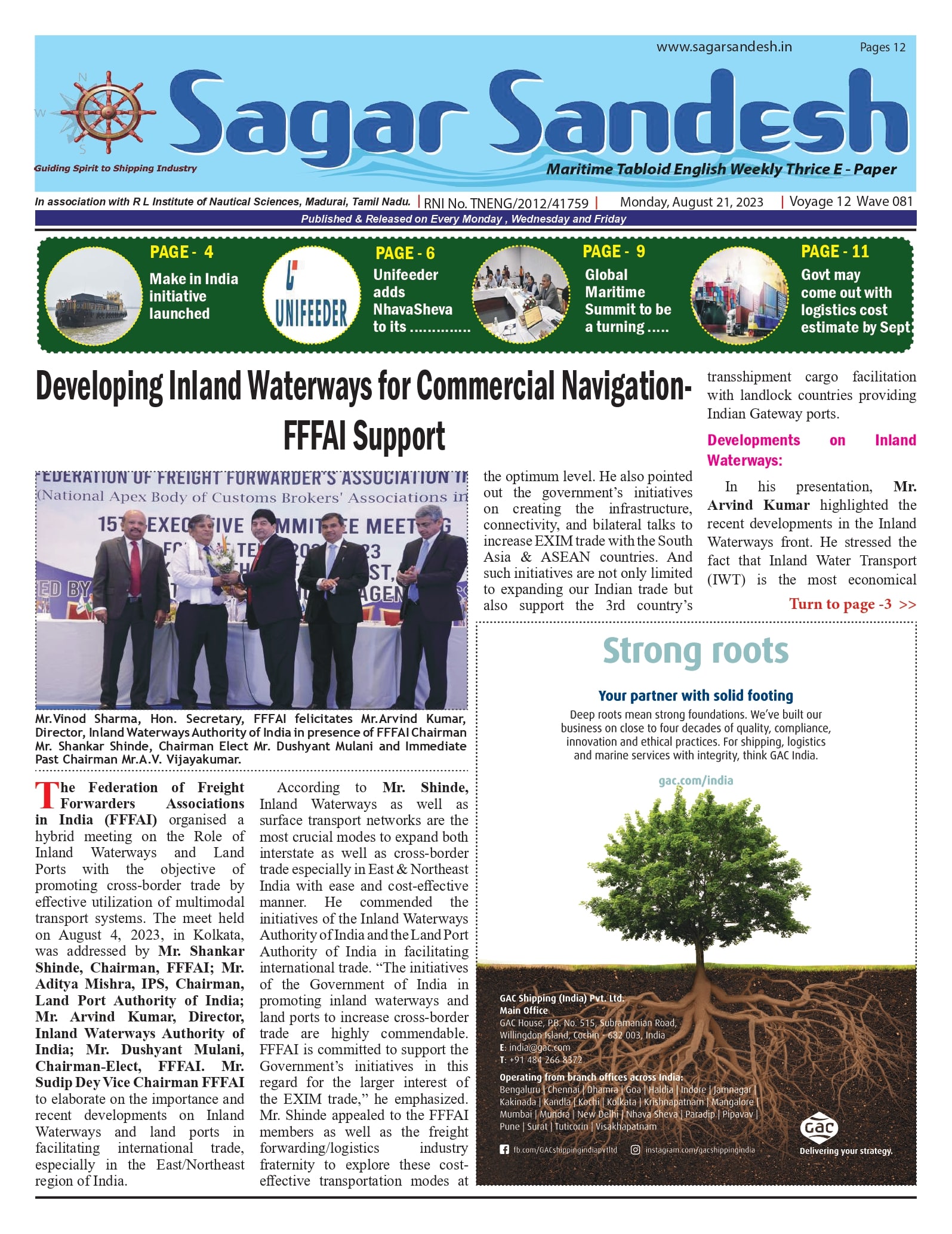 Developing Inland Waterways for Commercial Navigation- FFFAI Support