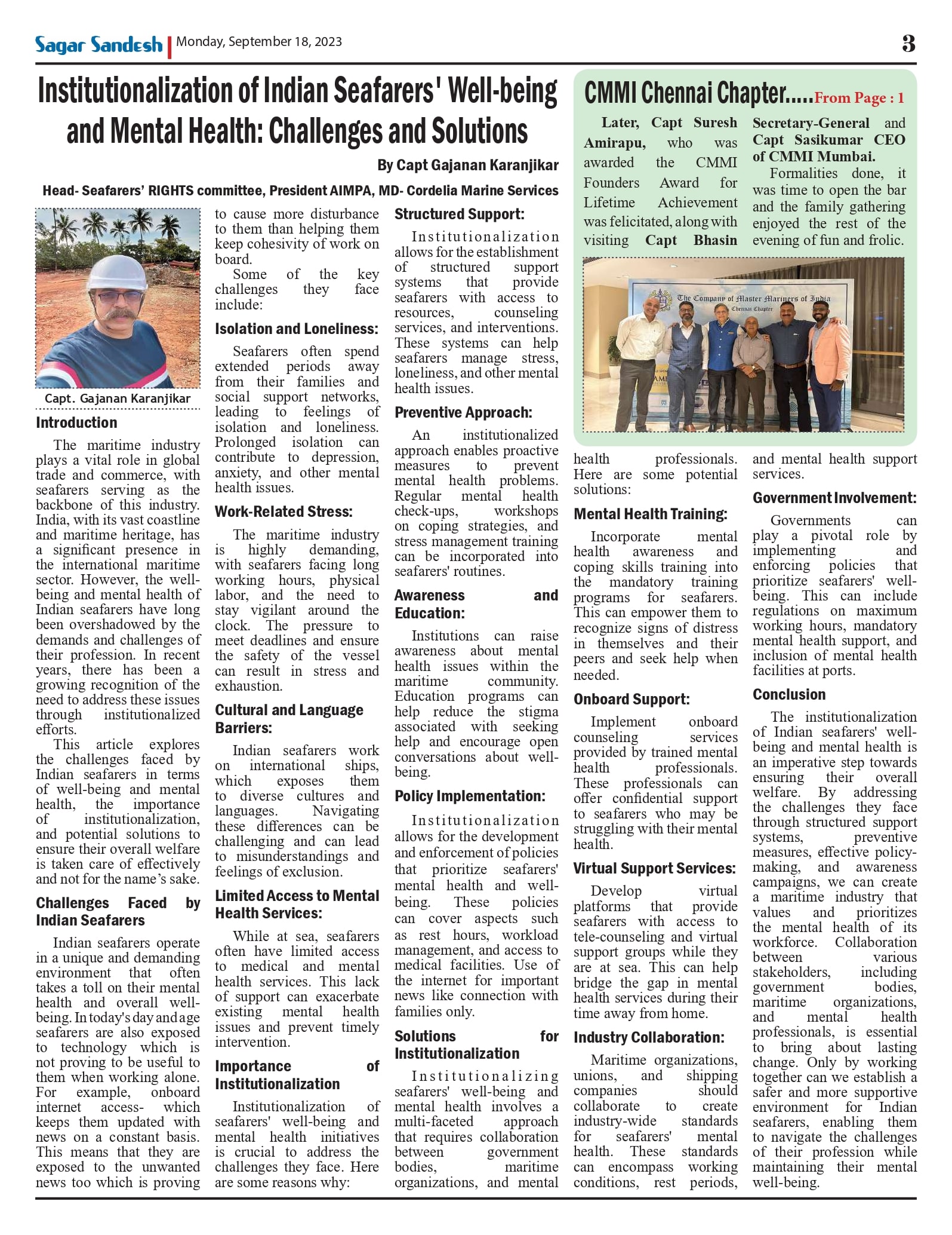 Institutionalization of Indian Seafarers' Well-being and Mental Health: Challenges and Solutions