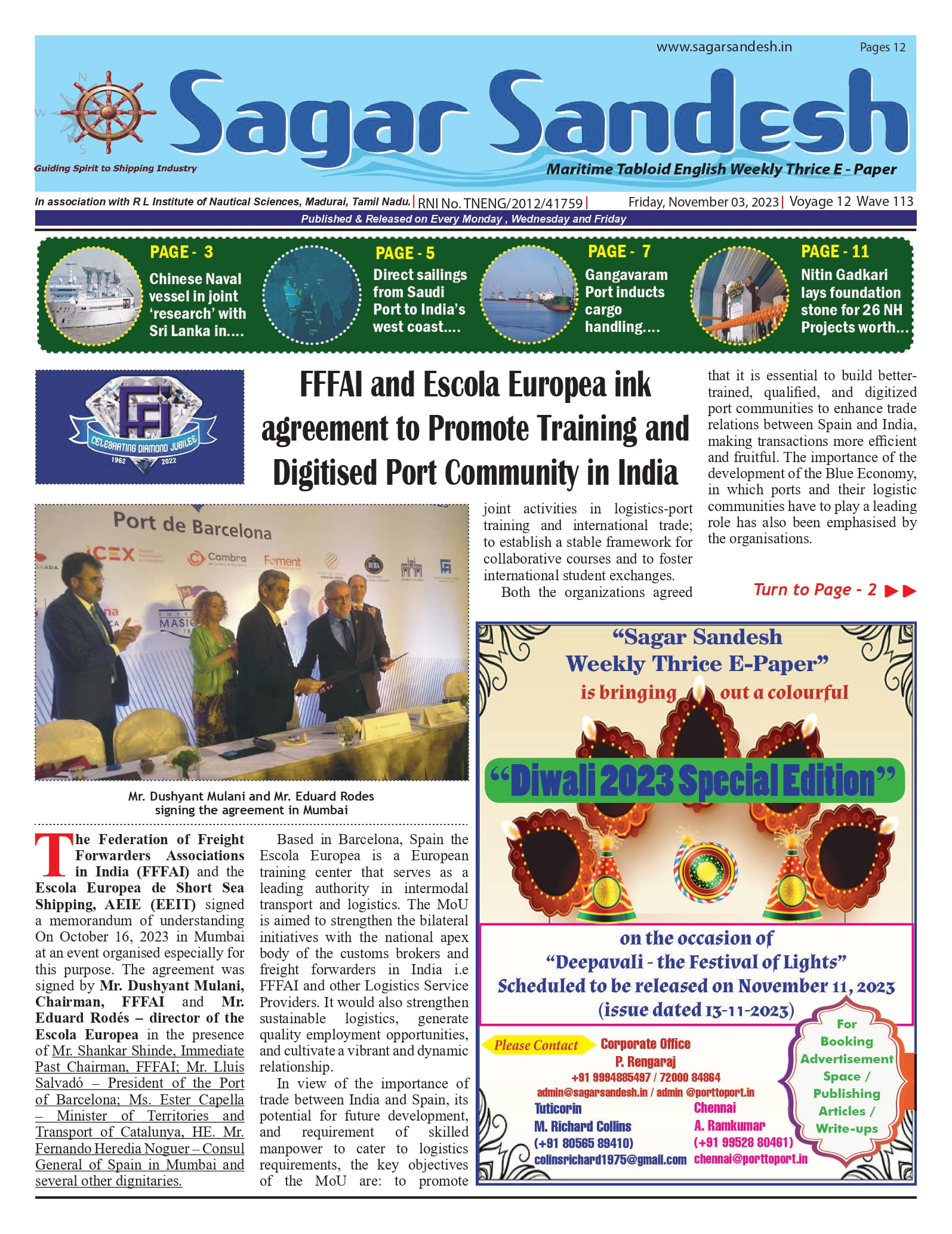 FFFAI and Escola Europea ink agreement to Promote Training and Digitised Port Community in India