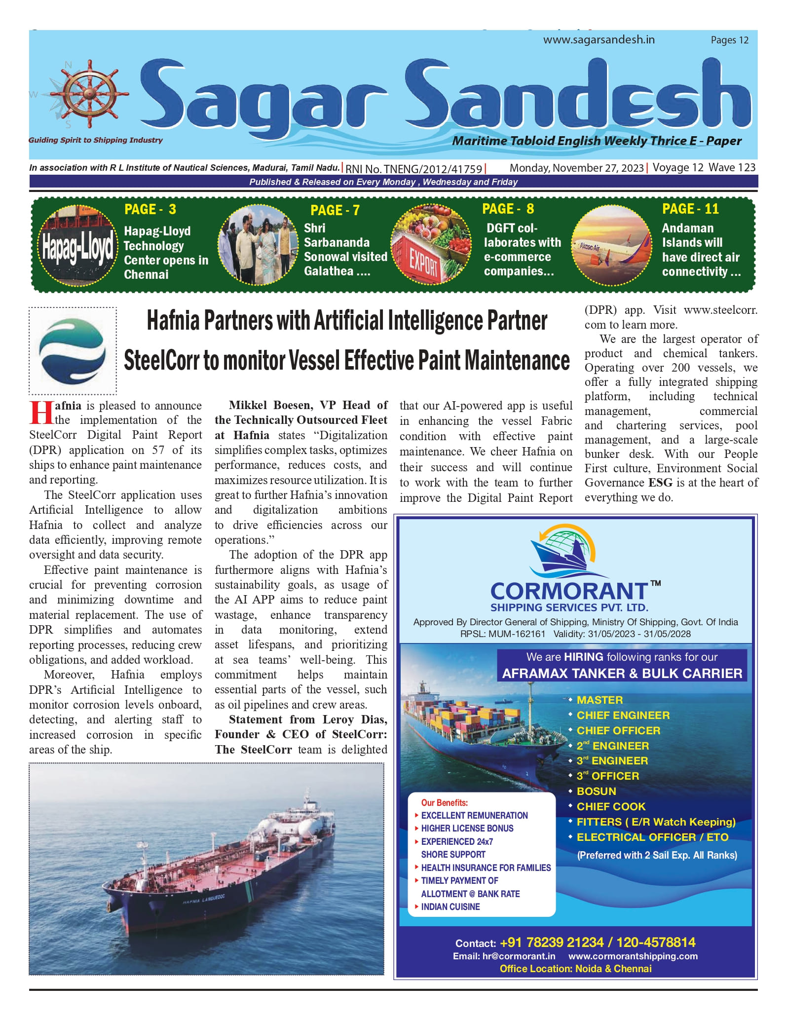 Hafnia Partners with Artificial Intelligence Partner SteelCorr to monitor Vessel Effective Paint Maintenance