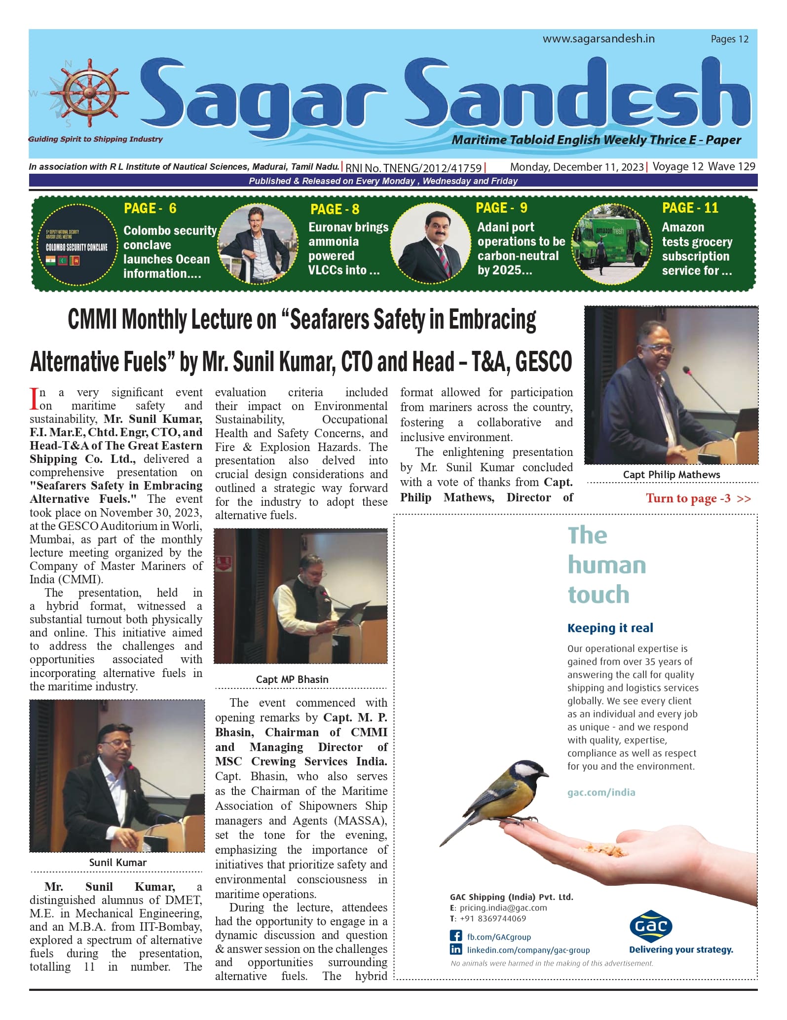 CMMI Monthly Lecture on â€œSeafarers Safety in Embracing Alternative Fuelsâ€ by Mr. Sunil Kumar, CTO and Head â€“ T&A, GESCO