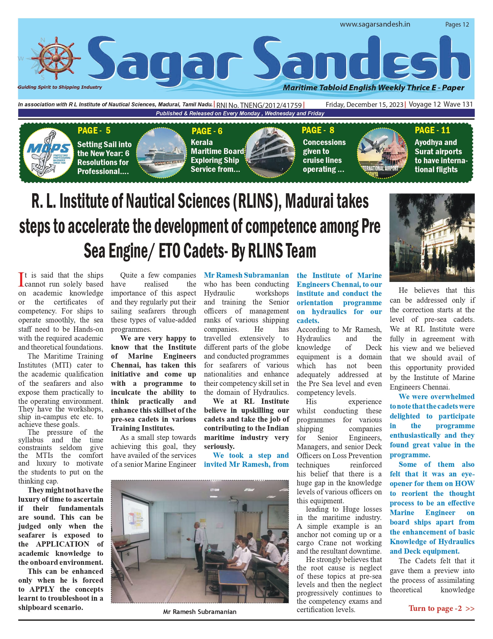 R. L. Institute of Nautical Sciences (RLINS), Madurai takes steps to accelerate the development of competence among Pre Sea Engine/ ETO Cadets- By RLINS Team