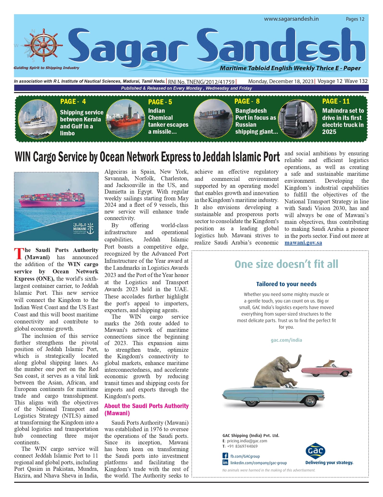 WIN Cargo Service by Ocean Network Express to Jeddah Islamic Port