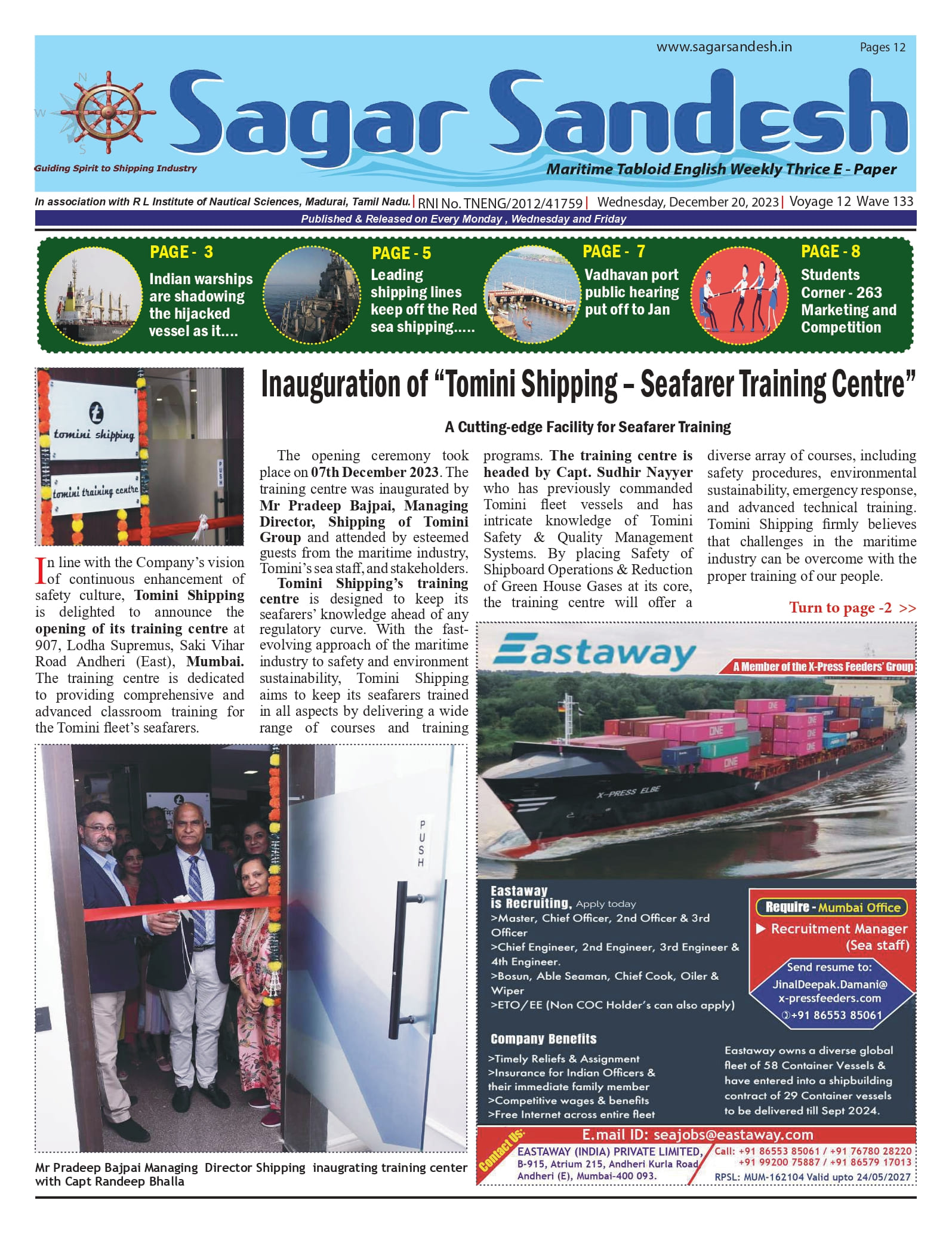 Inauguration of â€œTomini Shipping â€“ Seafarer Training Centreâ€ - A Cutting-edge Facility for Seafarer Training