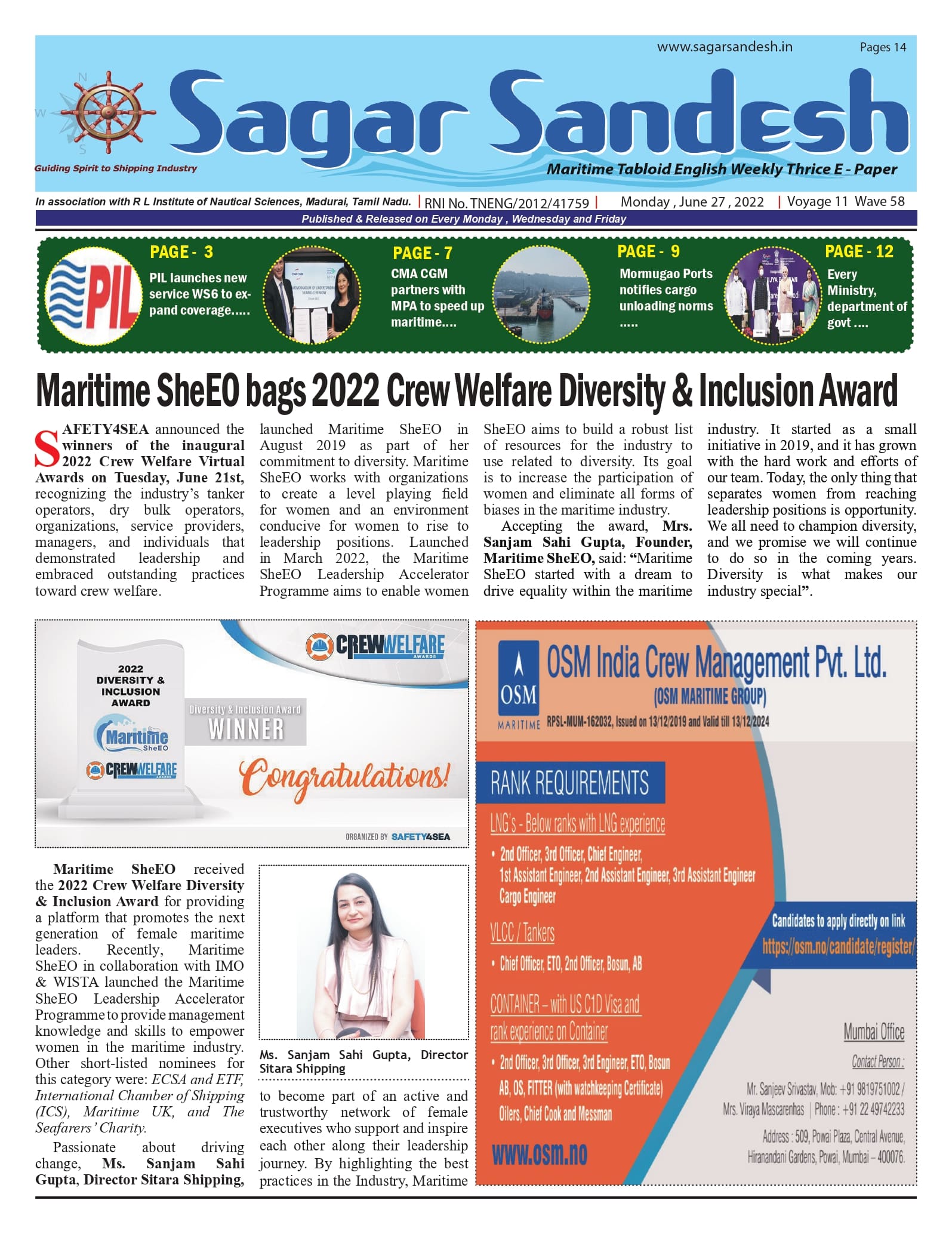 Maritime SheEO bags 2022 Crew Welfare Diversity & Inclusion Award
