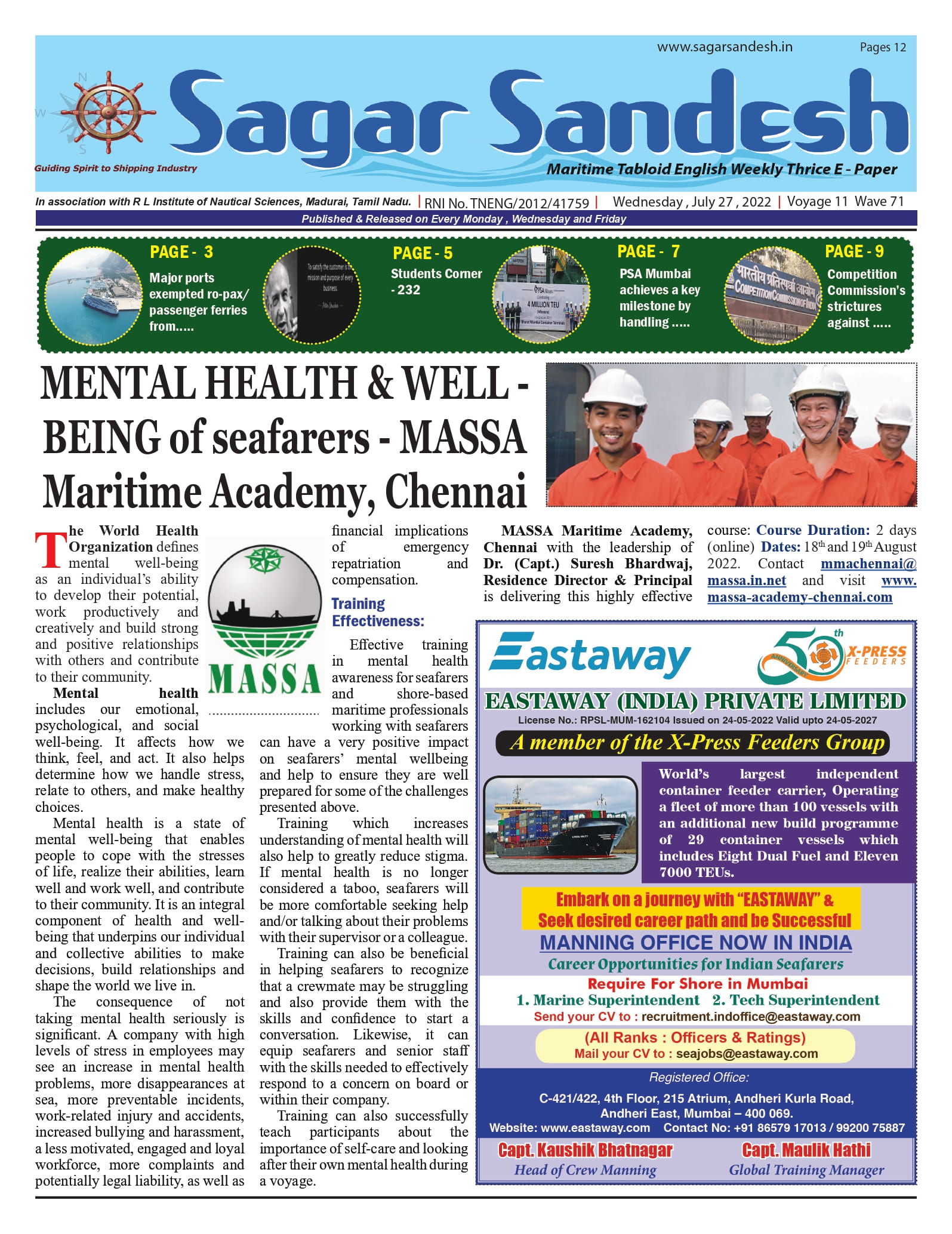 MENTAL HEALTH & WELL - BEING of seafarers - MASSA Maritime Academy, Chennai
