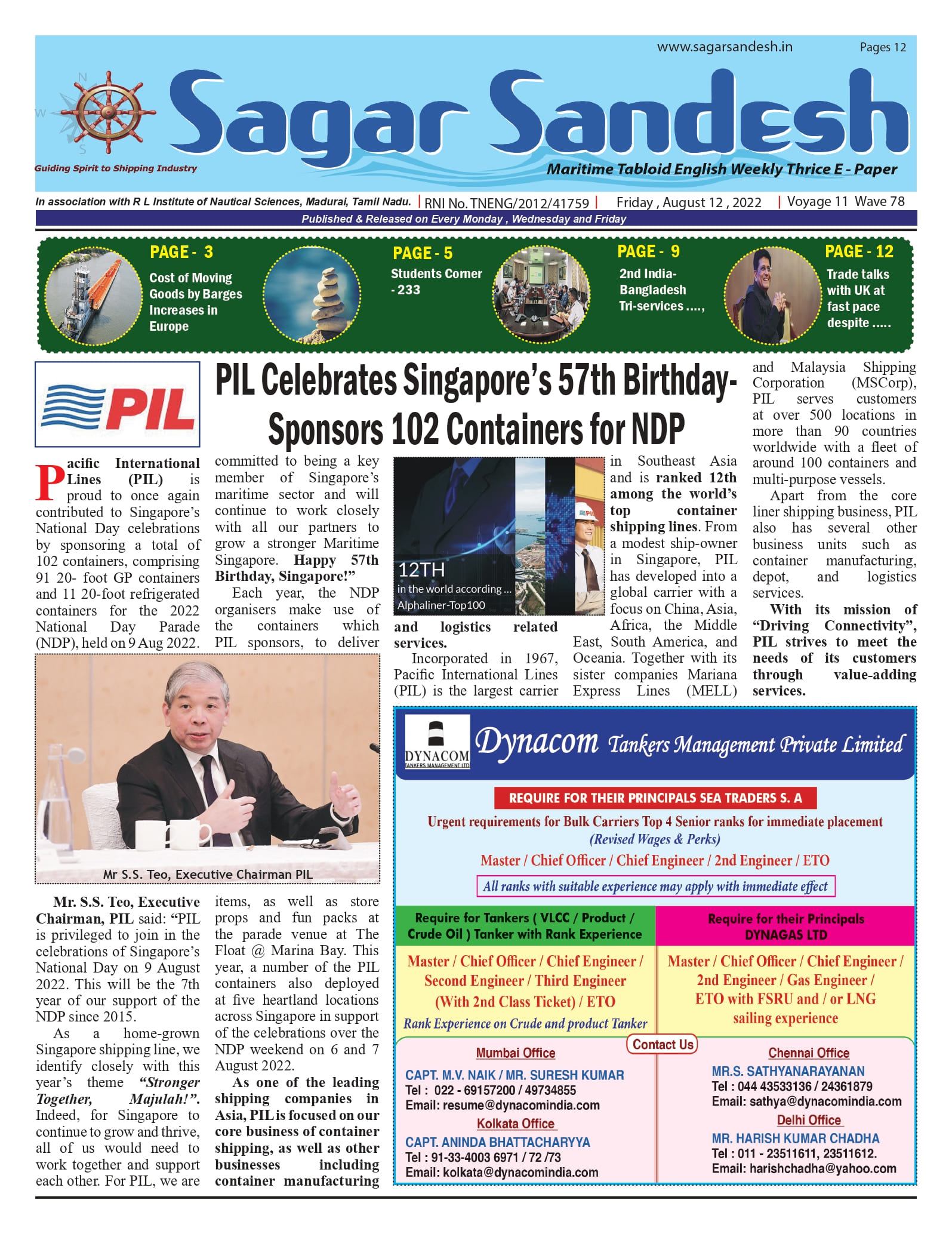 PIL Celebrates Singaporeâ€™s 57th Birthday- Sponsors 102 Containers for NDP