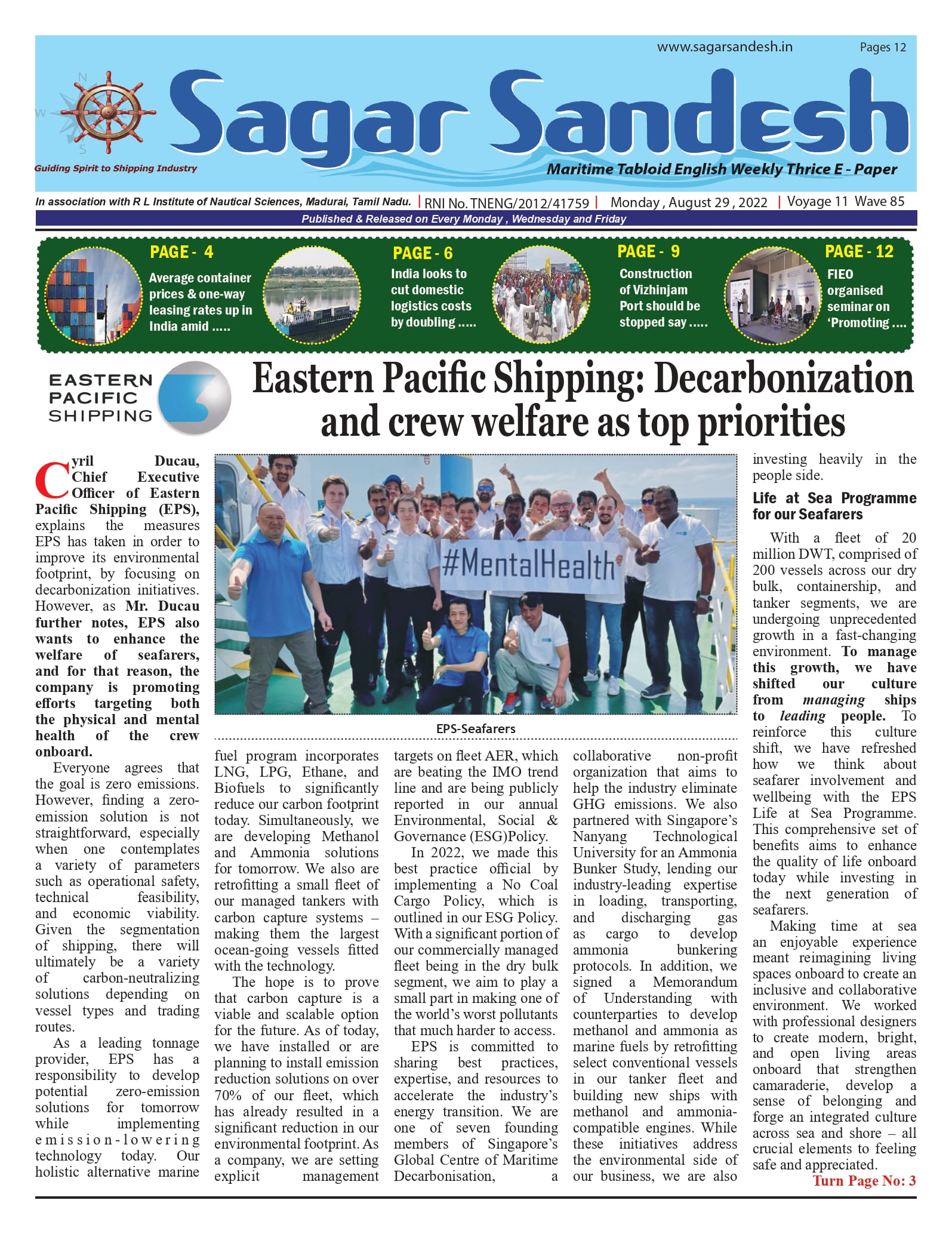 Eastern Pacific Shipping: Decarbonization and crew welfare as top priorities