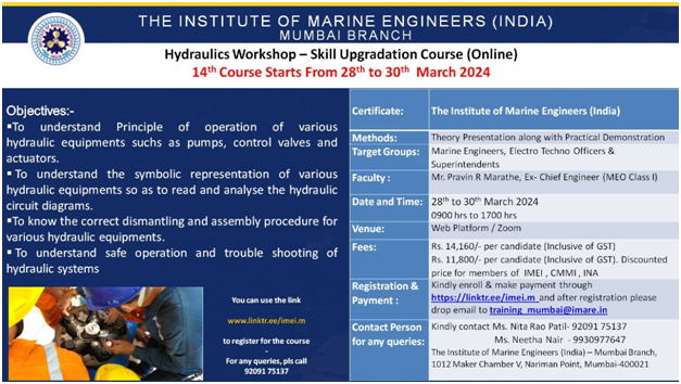 14th Online Hydraulic course dated 28th to 30th March 2024
