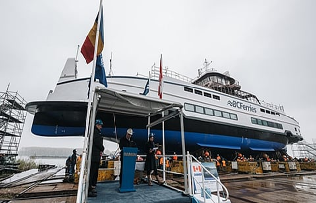 BC Ferries' newest 81-metre electric vessel hits the water